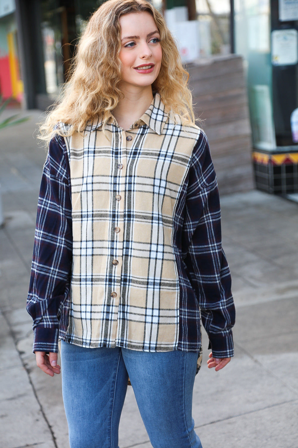 Navy & Beige Cotton Plaid Hi-Lo Shirt Top -SALE-