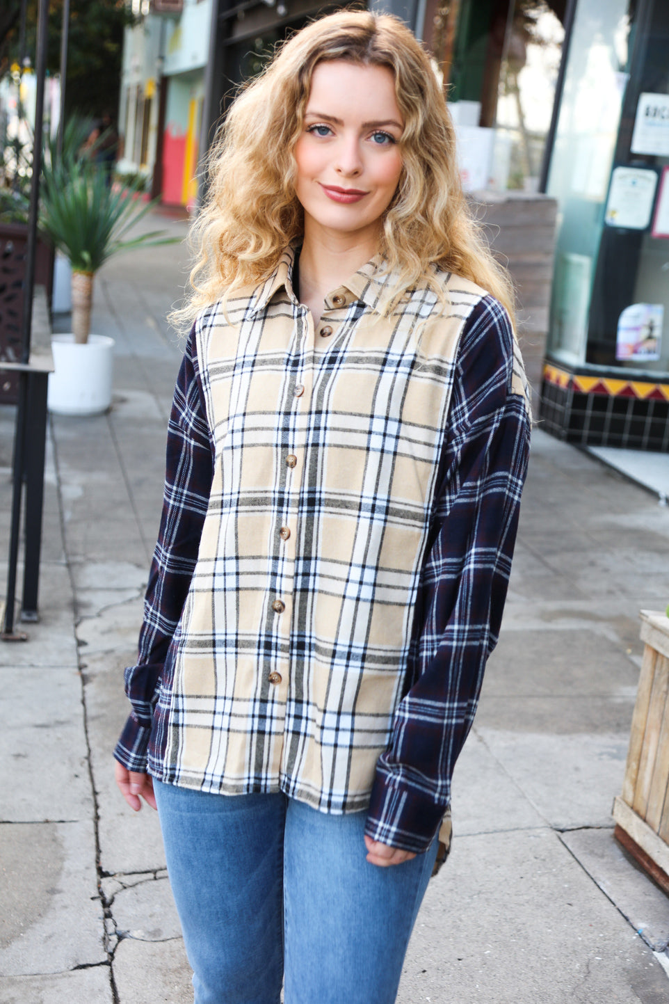 Navy & Beige Cotton Plaid Hi-Lo Shirt Top -SALE-