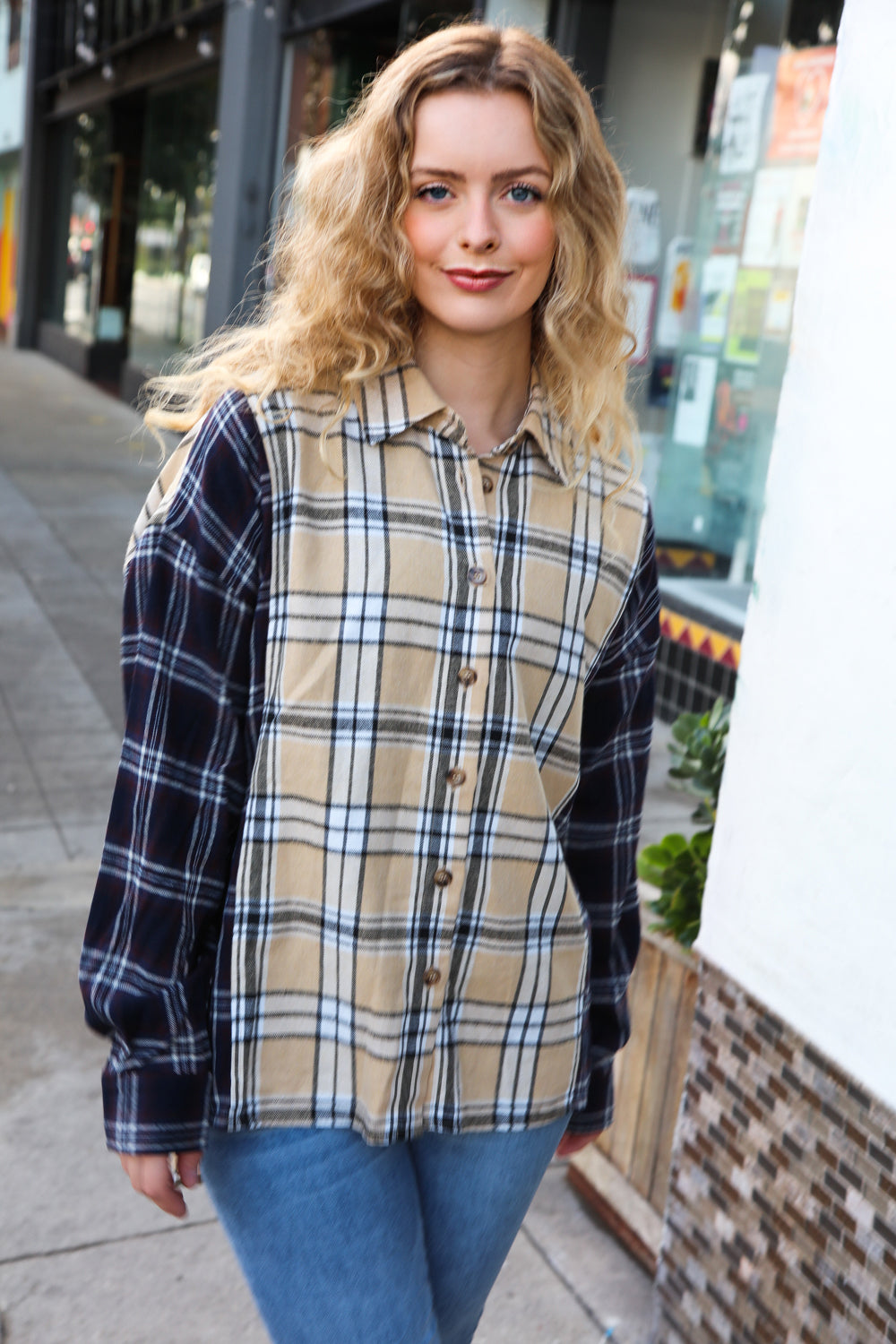 Navy & Beige Cotton Plaid Hi-Lo Shirt Top -SALE-