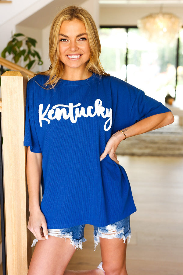 Blue "Kentucky" Embroidery Pop Up Rib Knit Top