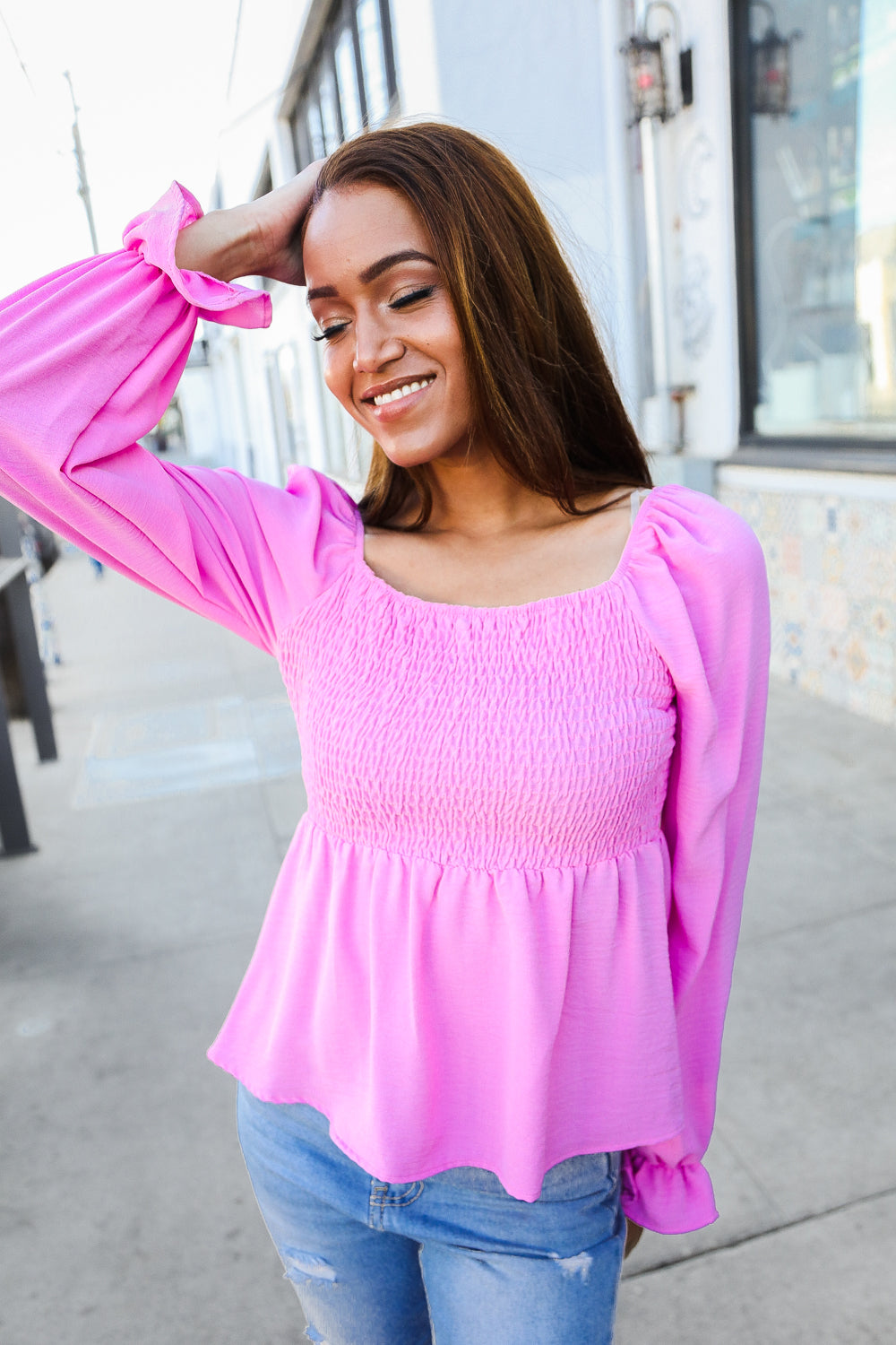 Simply Elegant Magenta Smocked Yoke Ruffle Bubble Sleeve Peasant Top