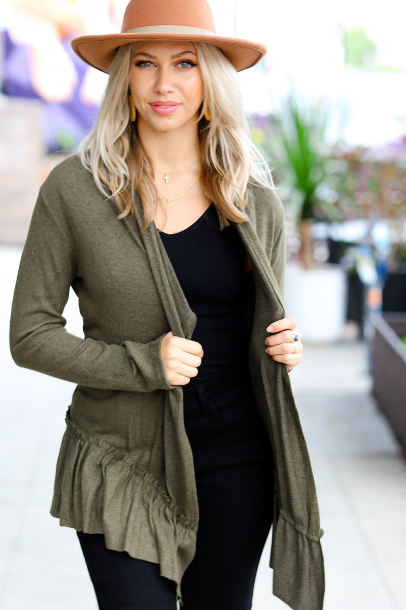 Olive Green Face the Day Two-Tone Ruffle Cardigan