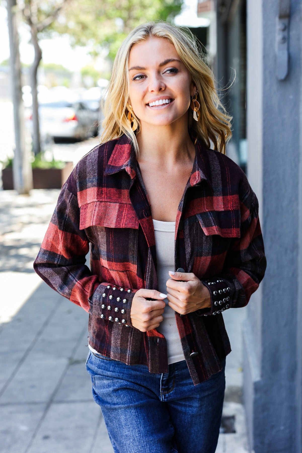 City Streets Burgundy & Rust Plaid Studded Cropped Jacket