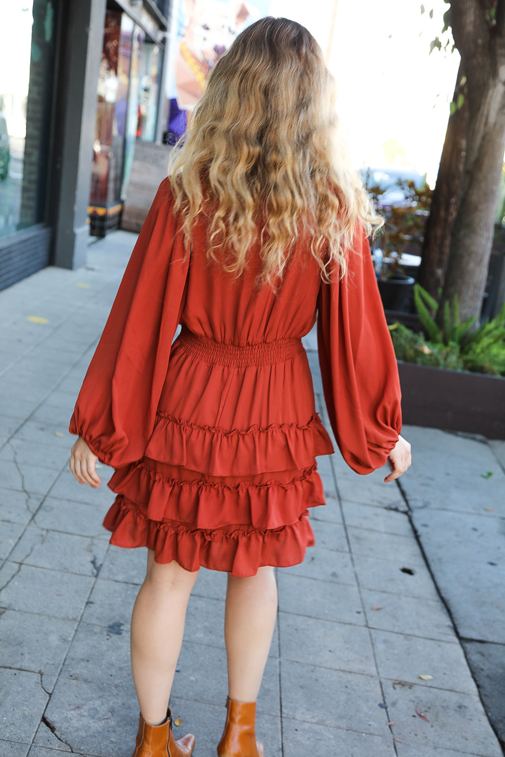 Rust Smocked Waist Tiered Ruffle Lined Dress -SALE-