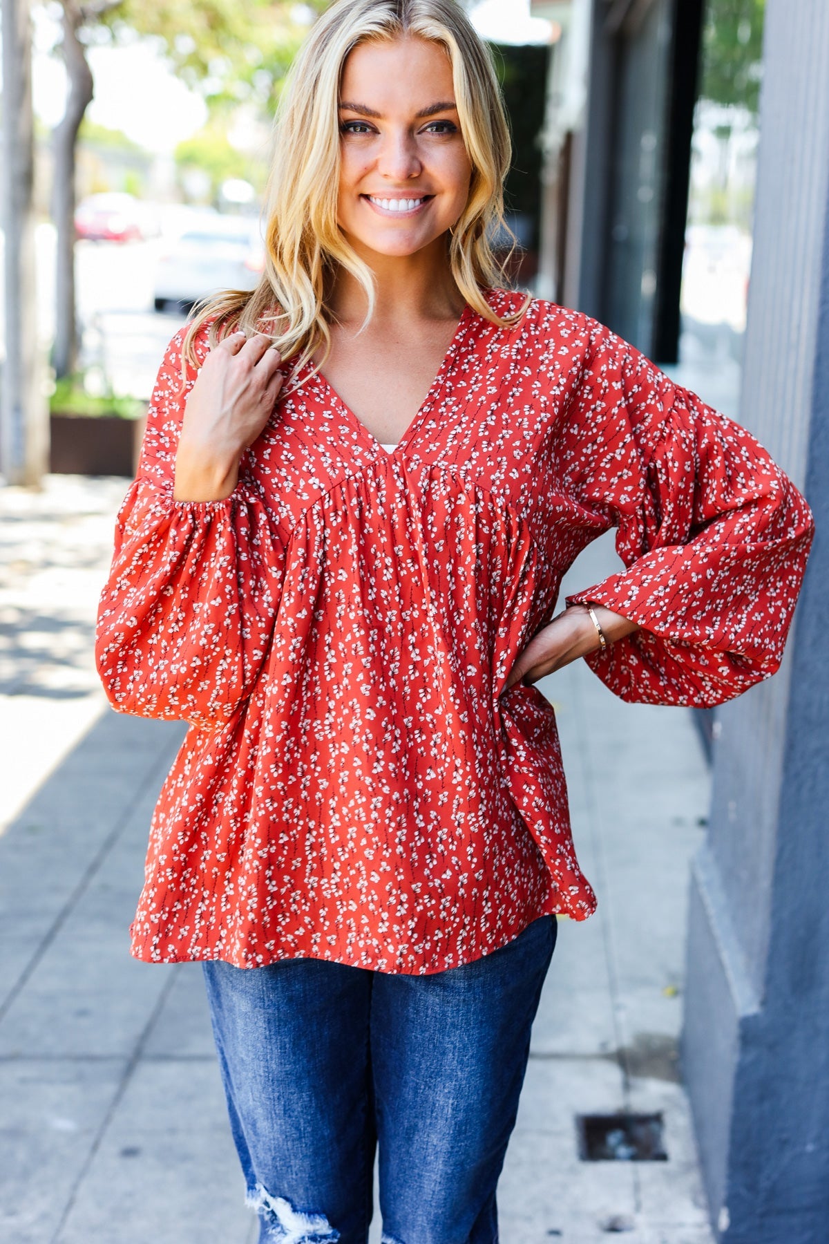 Rust V Neck Floral Babydoll Woven Top -SALE-