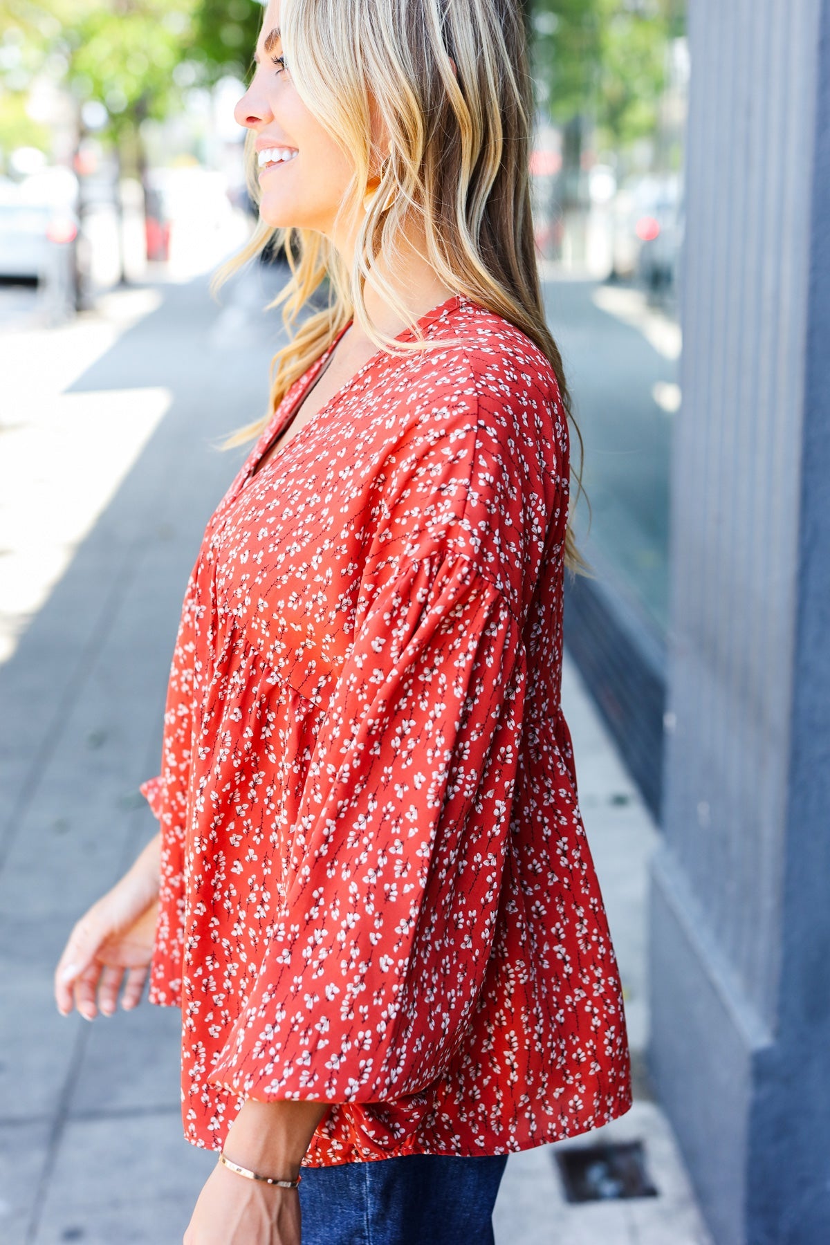 Rust V Neck Floral Babydoll Woven Top -SALE-