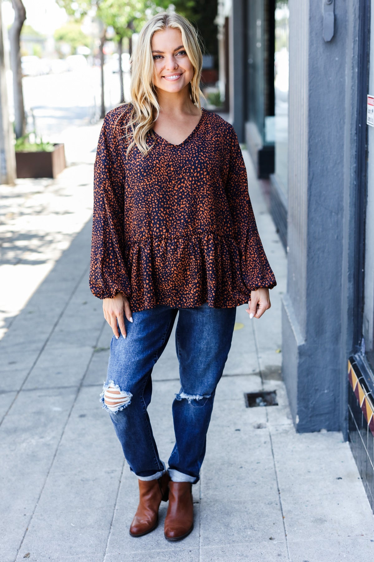 Navy & Rust Leopard Woven Babydoll Top -SALE-