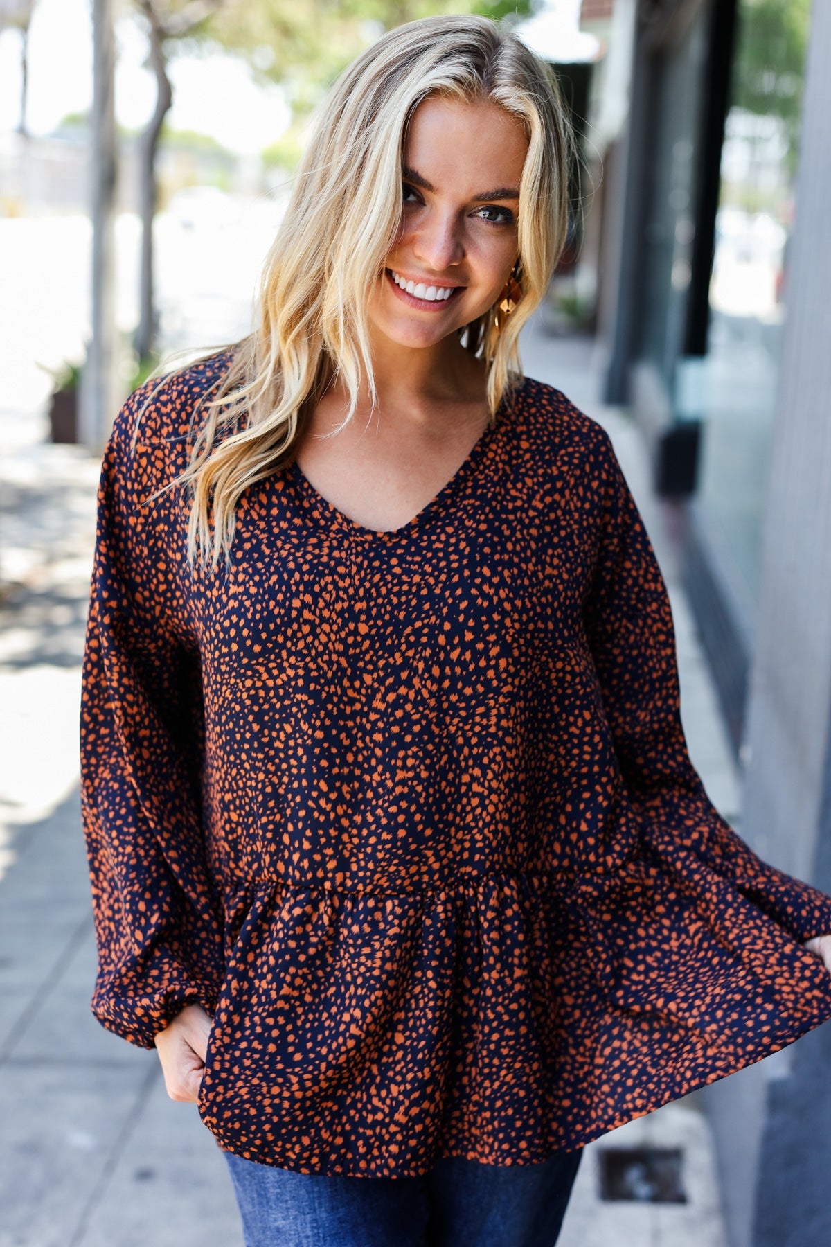 Navy & Rust Leopard Woven Babydoll Top -SALE-