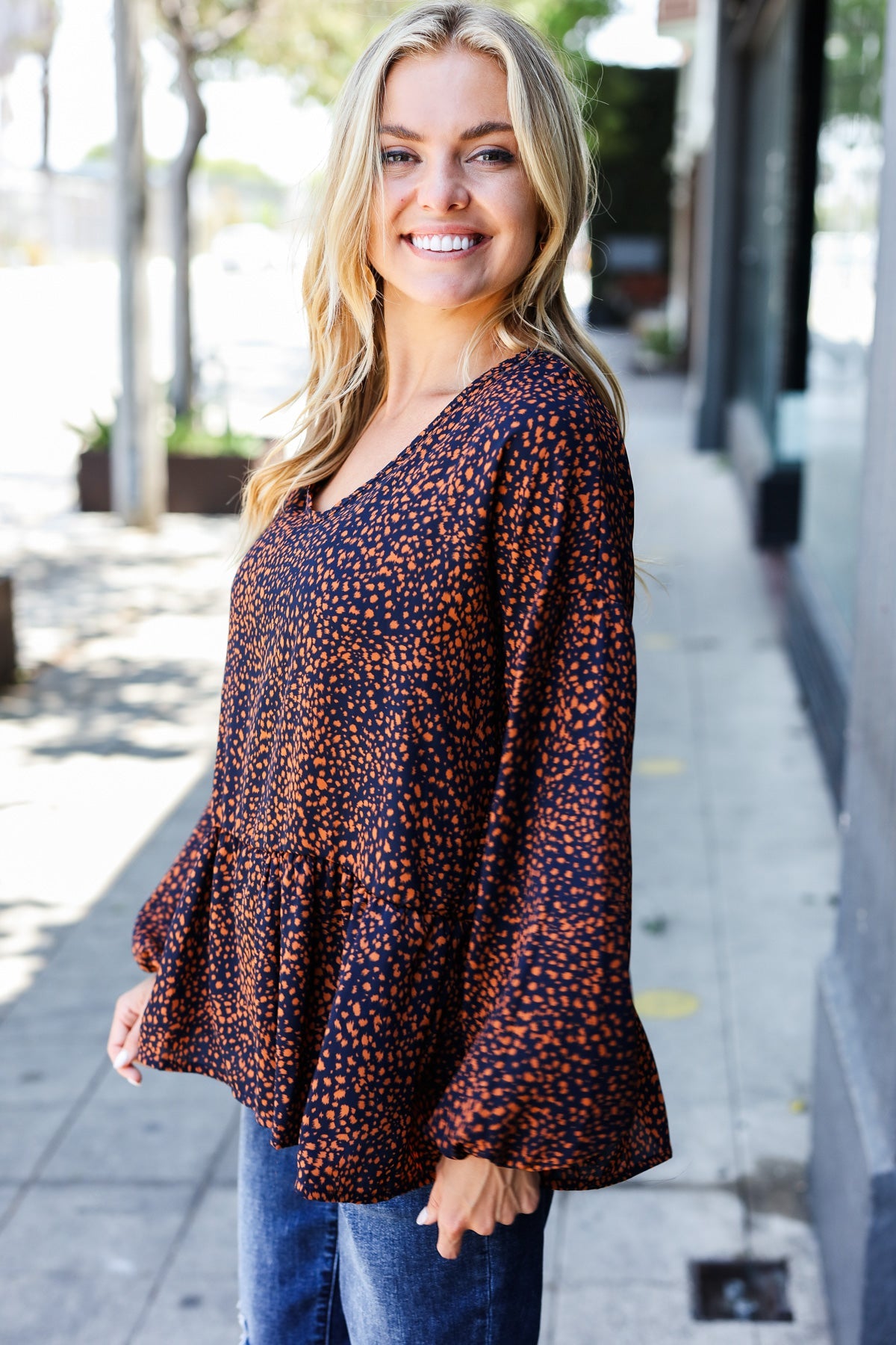 Navy & Rust Leopard Woven Babydoll Top -SALE-