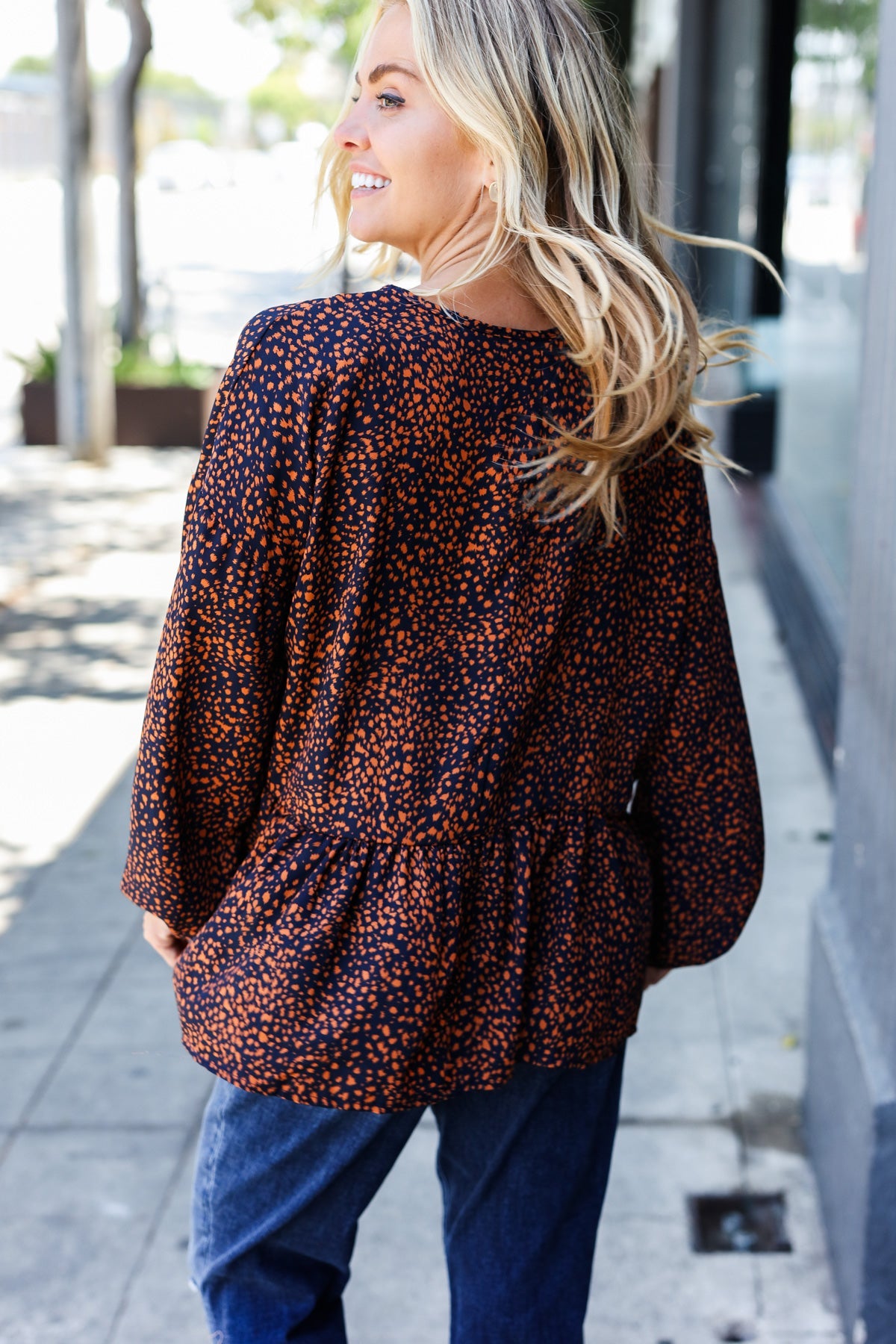 Navy & Rust Leopard Woven Babydoll Top -SALE-