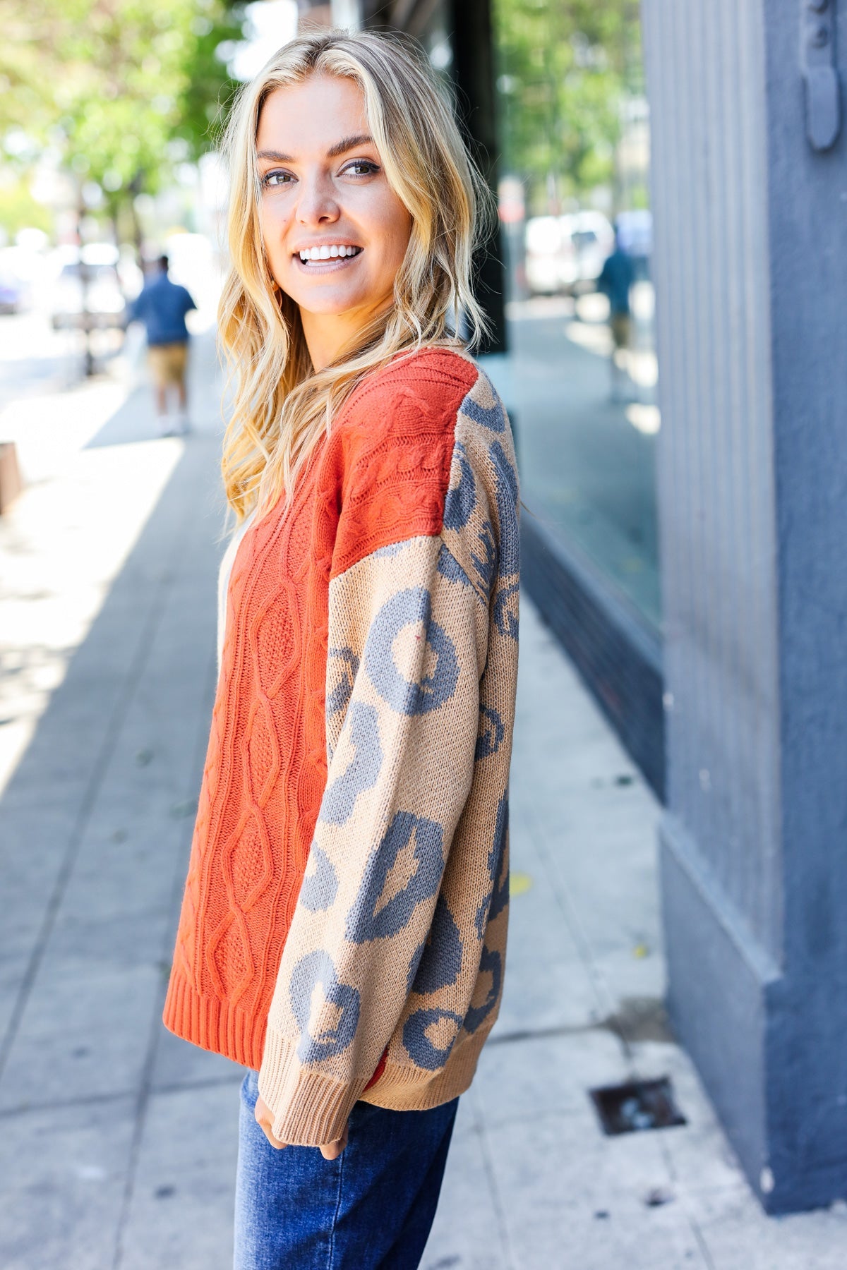 Rust & Taupe Animal Print Cable Knit Color Block Sweater