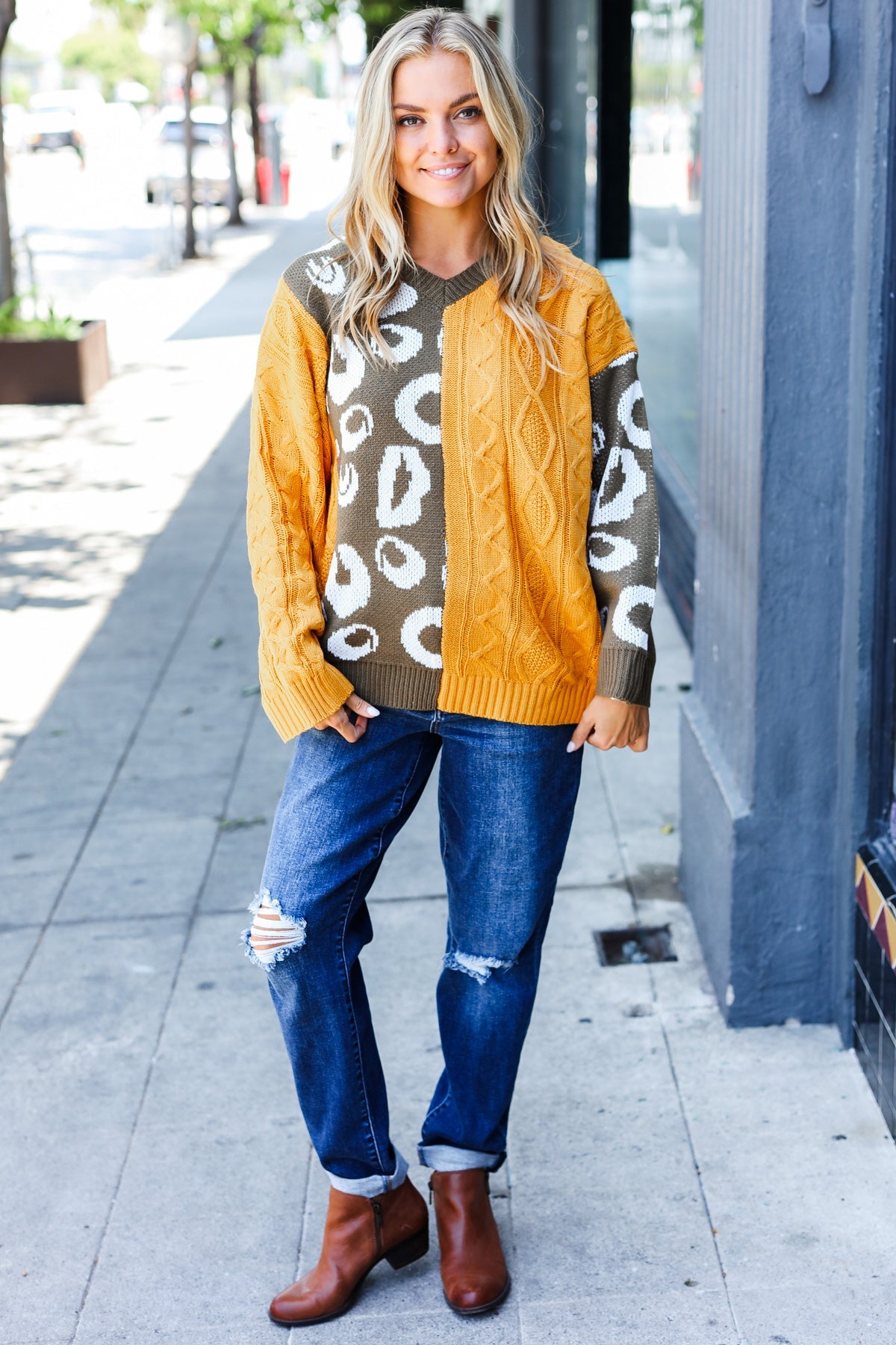 Mustard & Olive Animal Print Cable Color Block Sweater