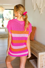 Feeling Bold Fuchsia & Orange Stripe Short Sleeve Dolman Sweater -SALE-