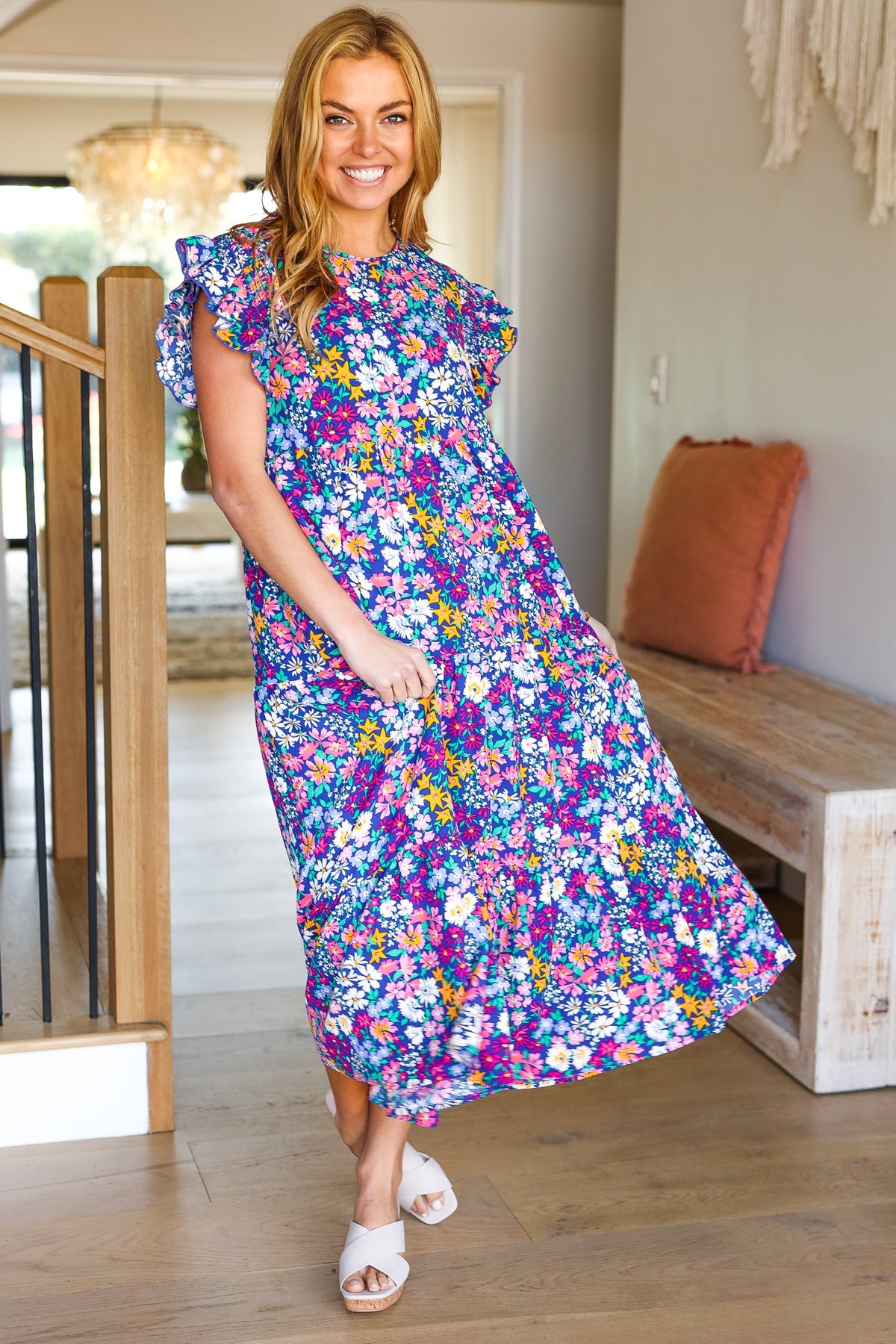 Just A Dream Navy Floral Smocked Ruffle Sleeve Maxi Dress -SALE-