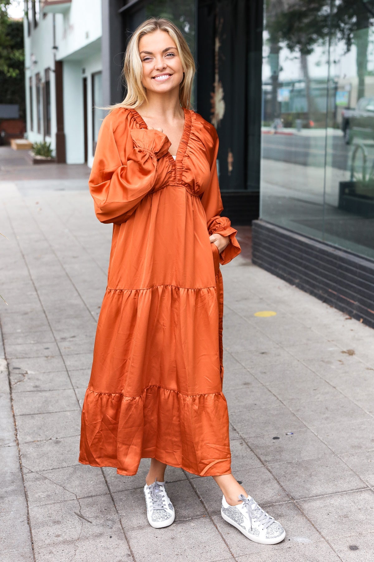 Elegant Rust Elastic V Neck Tiered Satin Maxi Dress