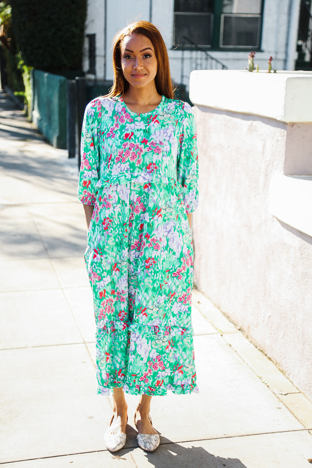 Be Beautiful Mint Floral Frill Details Three-Quarter Sleeve Maxi Dress