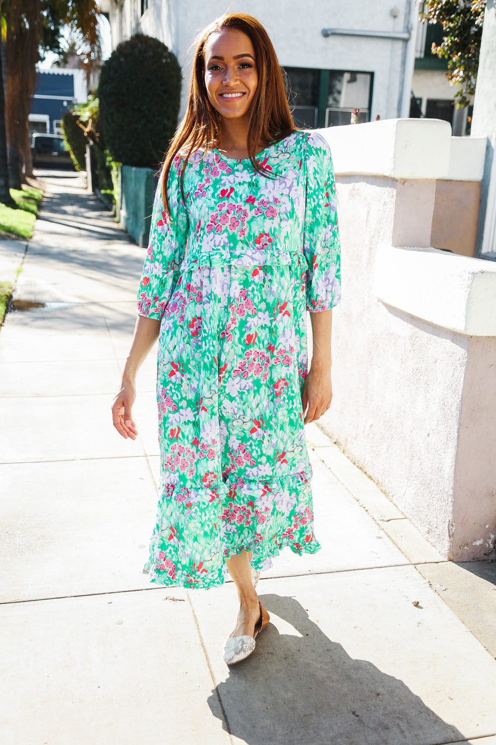 Be Beautiful Mint Floral Frill Details Three-Quarter Sleeve Maxi Dress