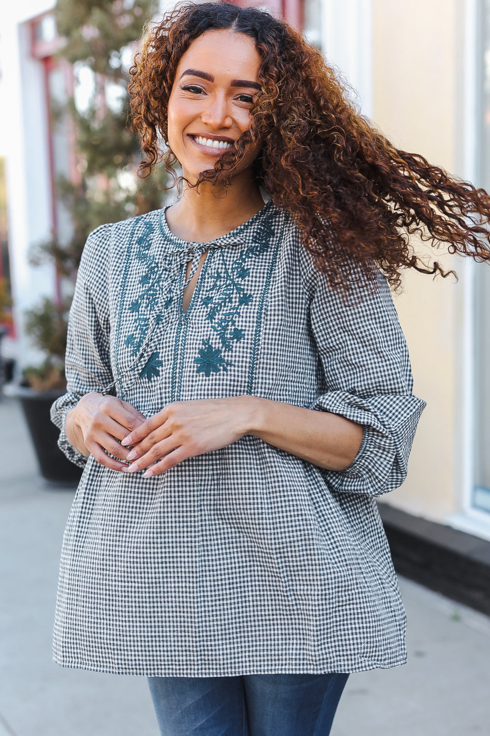 Dark Green Cotton Plaid Embroidered Babydoll Top