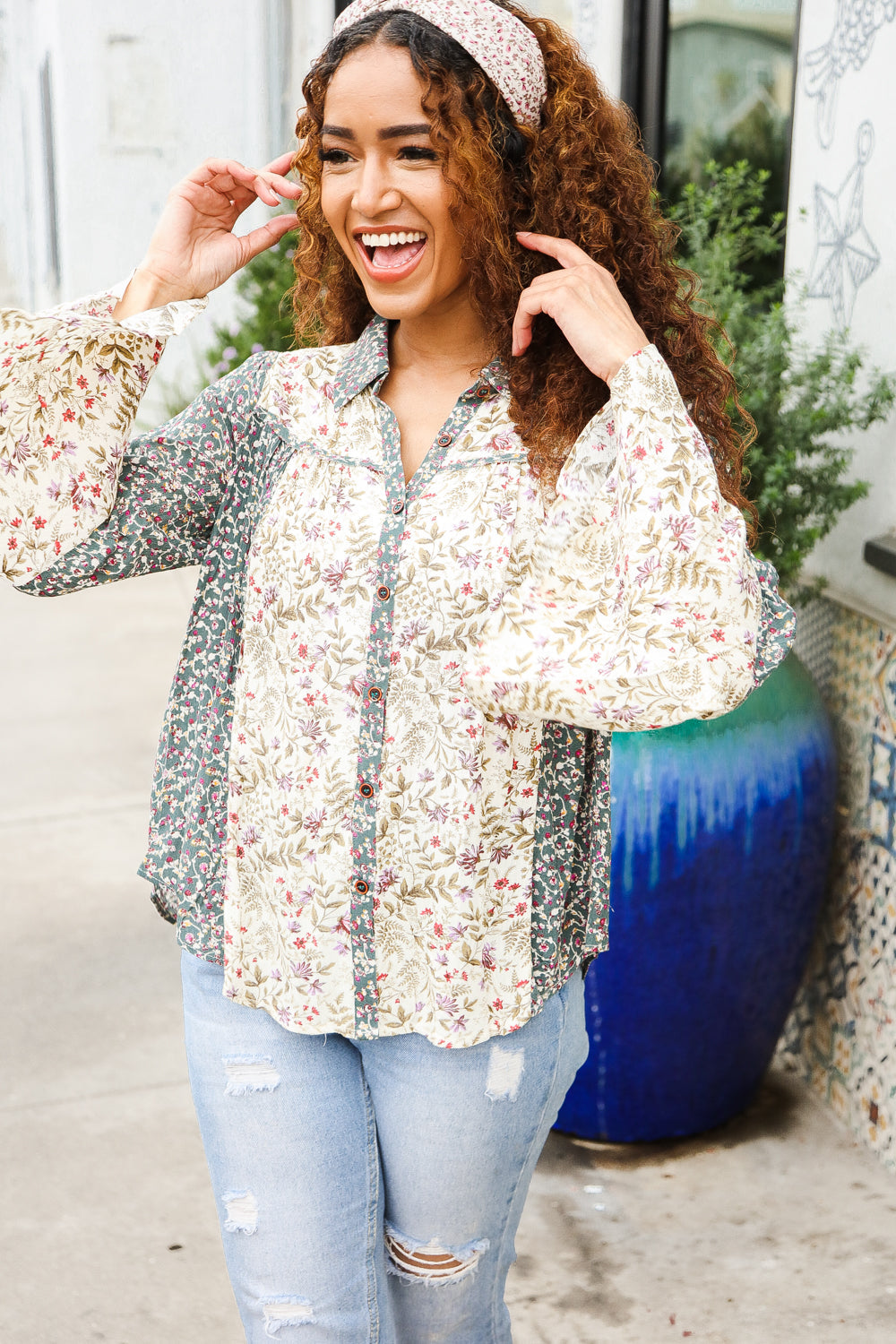 Boho Beautiful Mint & Oatmeal Floral Button-Down Bell Sleeve Top