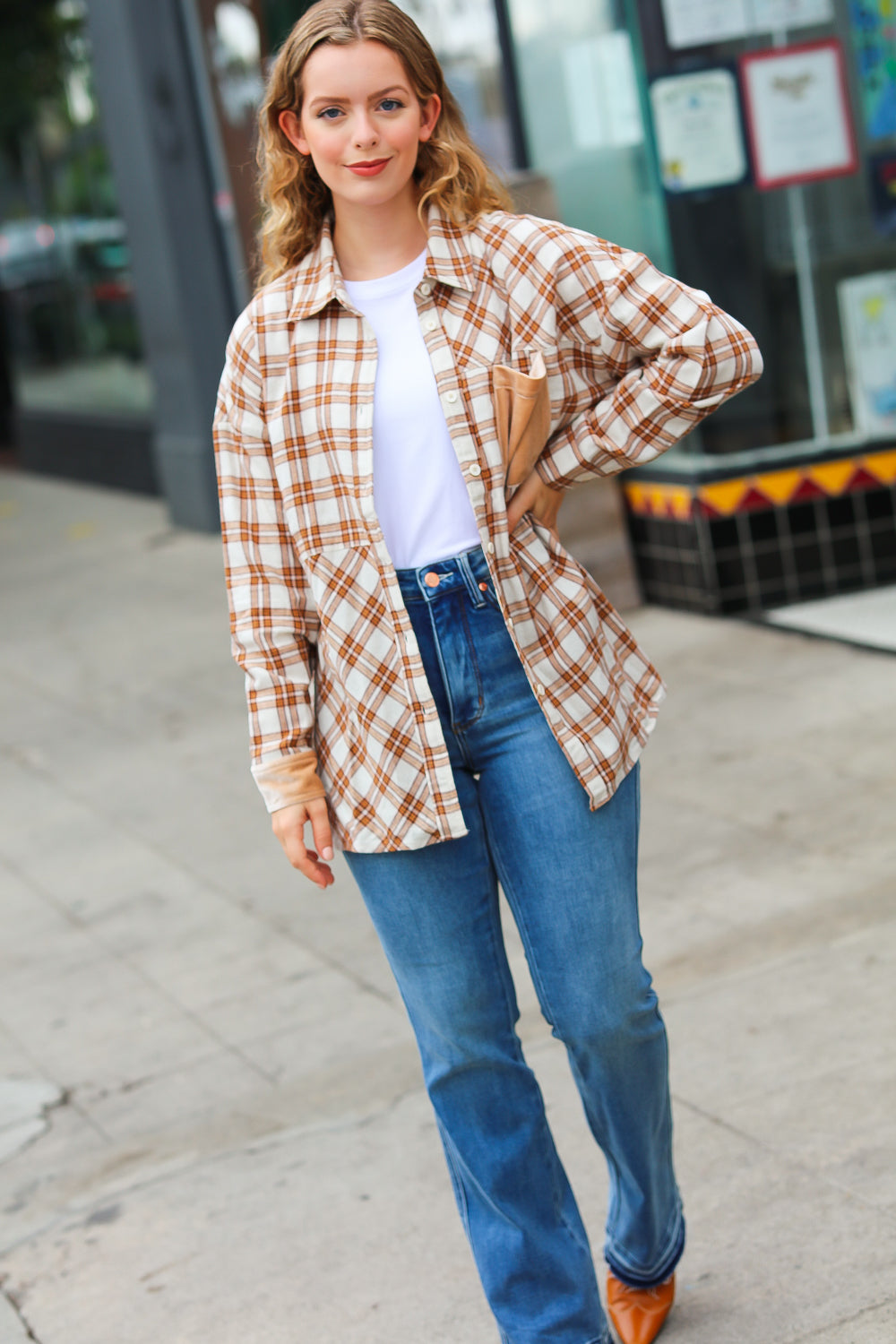 Taupe Plaid Velvet Pocket Button Down Top -SALE-