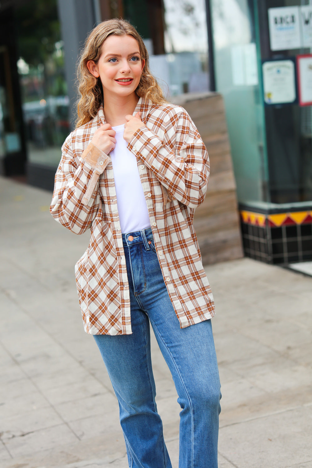 Taupe Plaid Velvet Pocket Button Down Top -SALE-