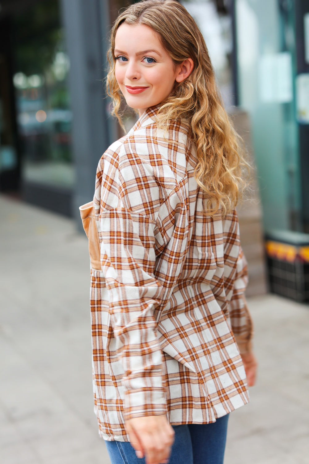 Taupe Plaid Velvet Pocket Button Down Top -SALE-