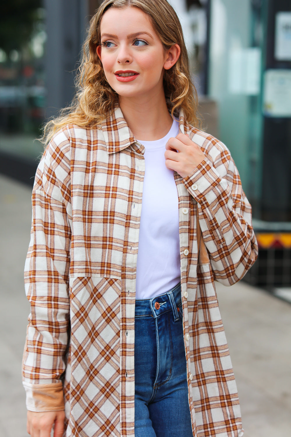 Taupe Plaid Velvet Pocket Button Down Top -SALE-