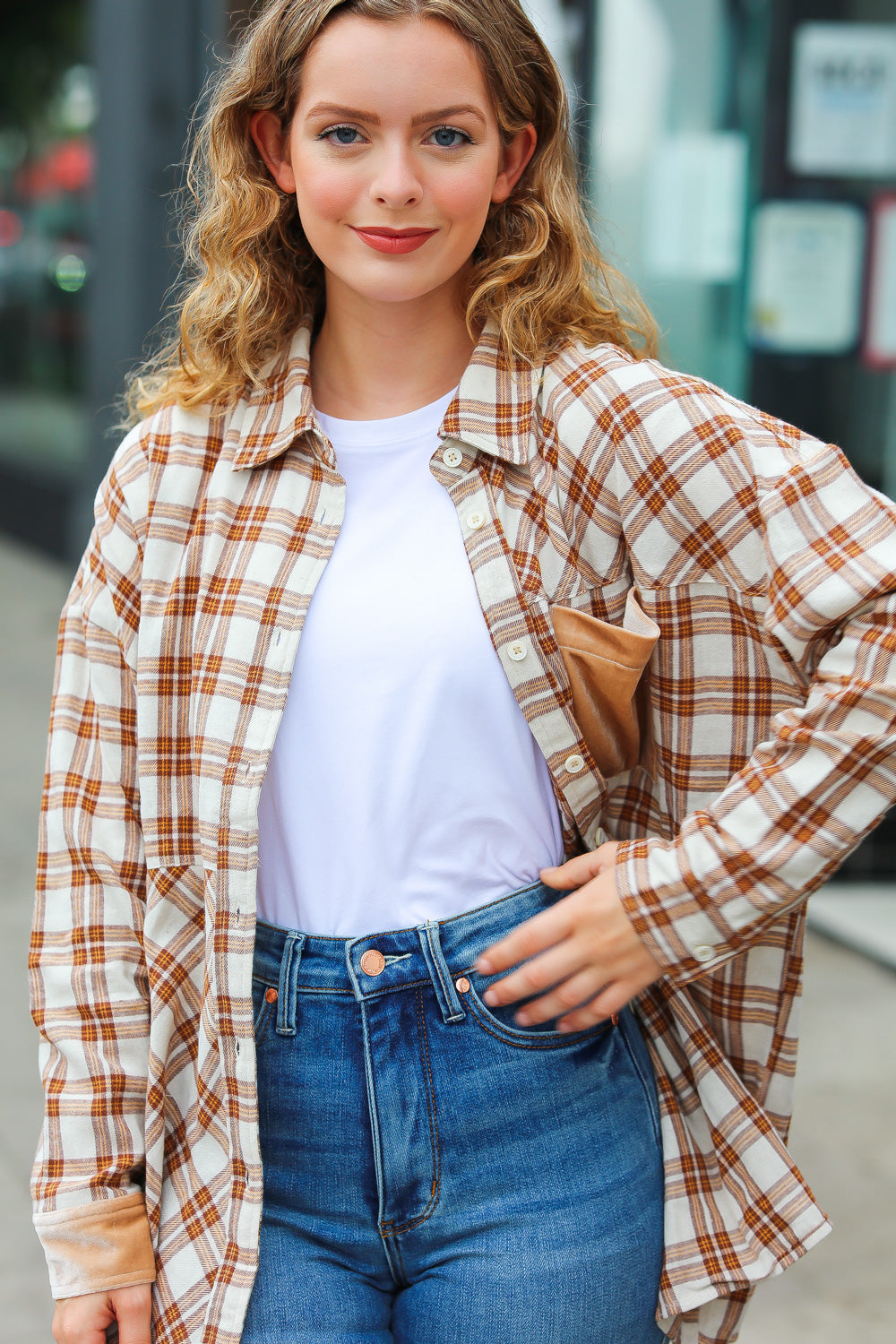 Taupe Plaid Velvet Pocket Button Down Top -SALE-