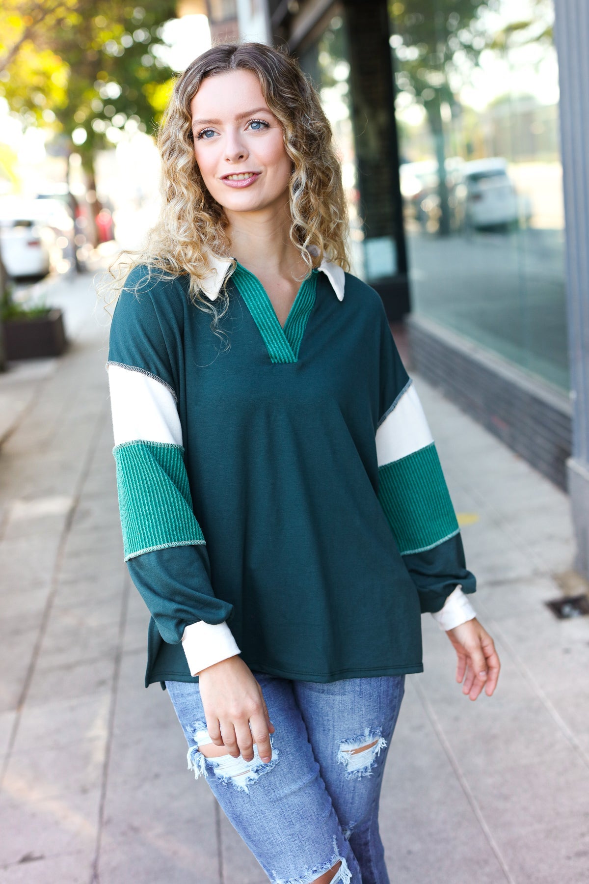 Falling For You Hunter Green Color Block Collared French Terry Top