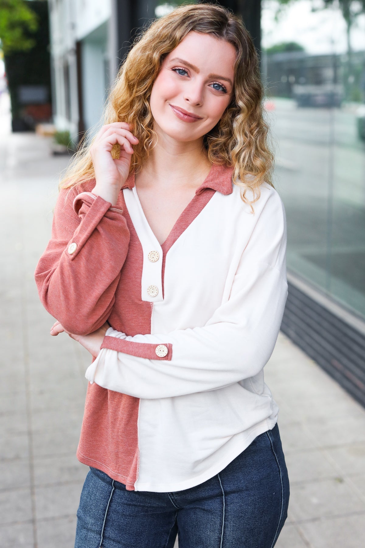 Start Your Day Rust Half & Half Collared Notched Neck Top