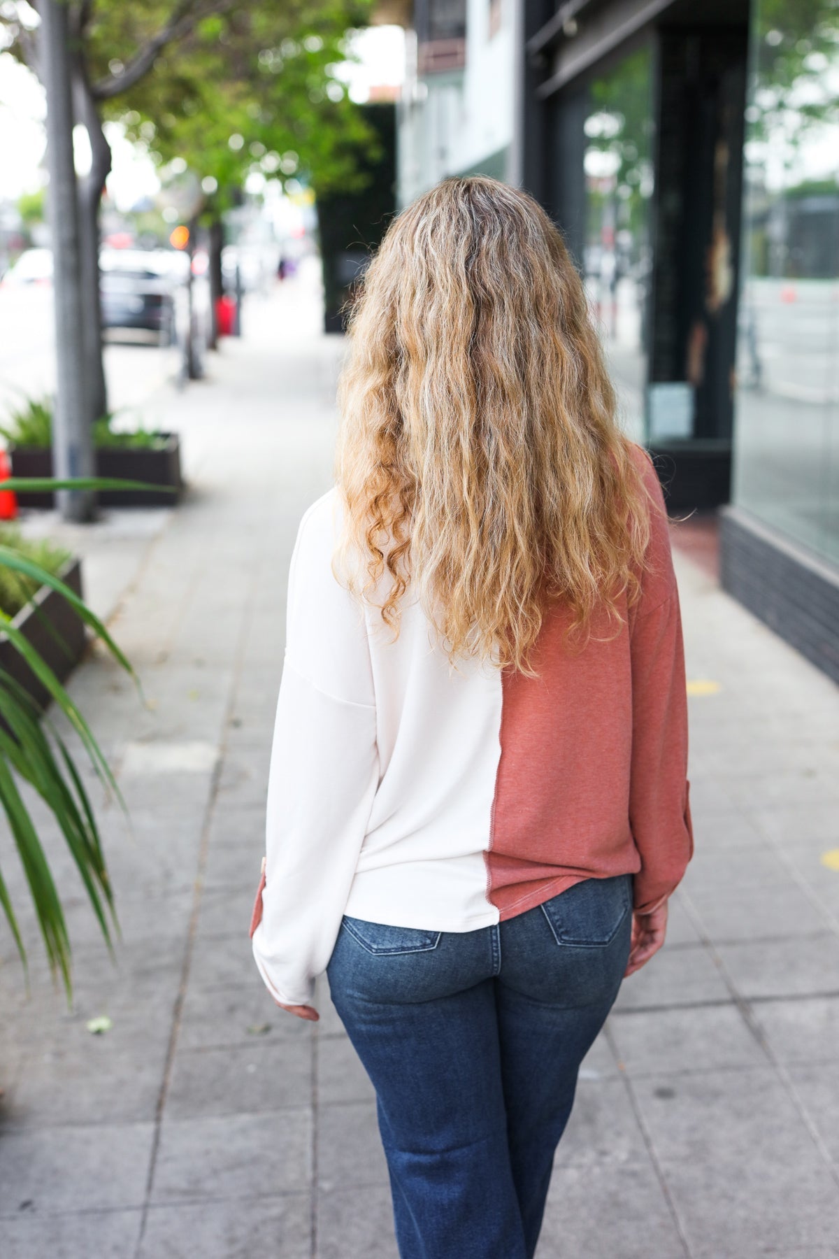 Start Your Day Rust Half & Half Collared Notched Neck Top