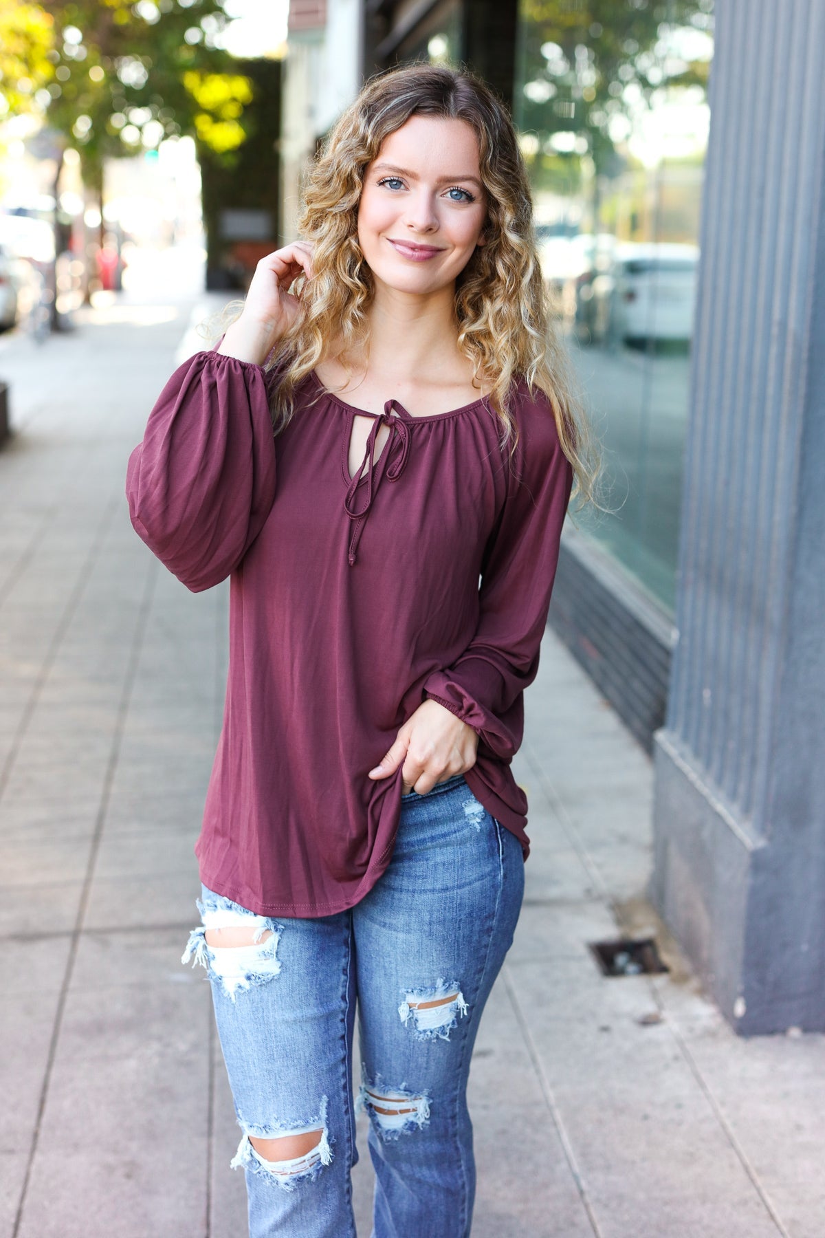 Versatile Wine Front Tie Modal Knit Peasant Top