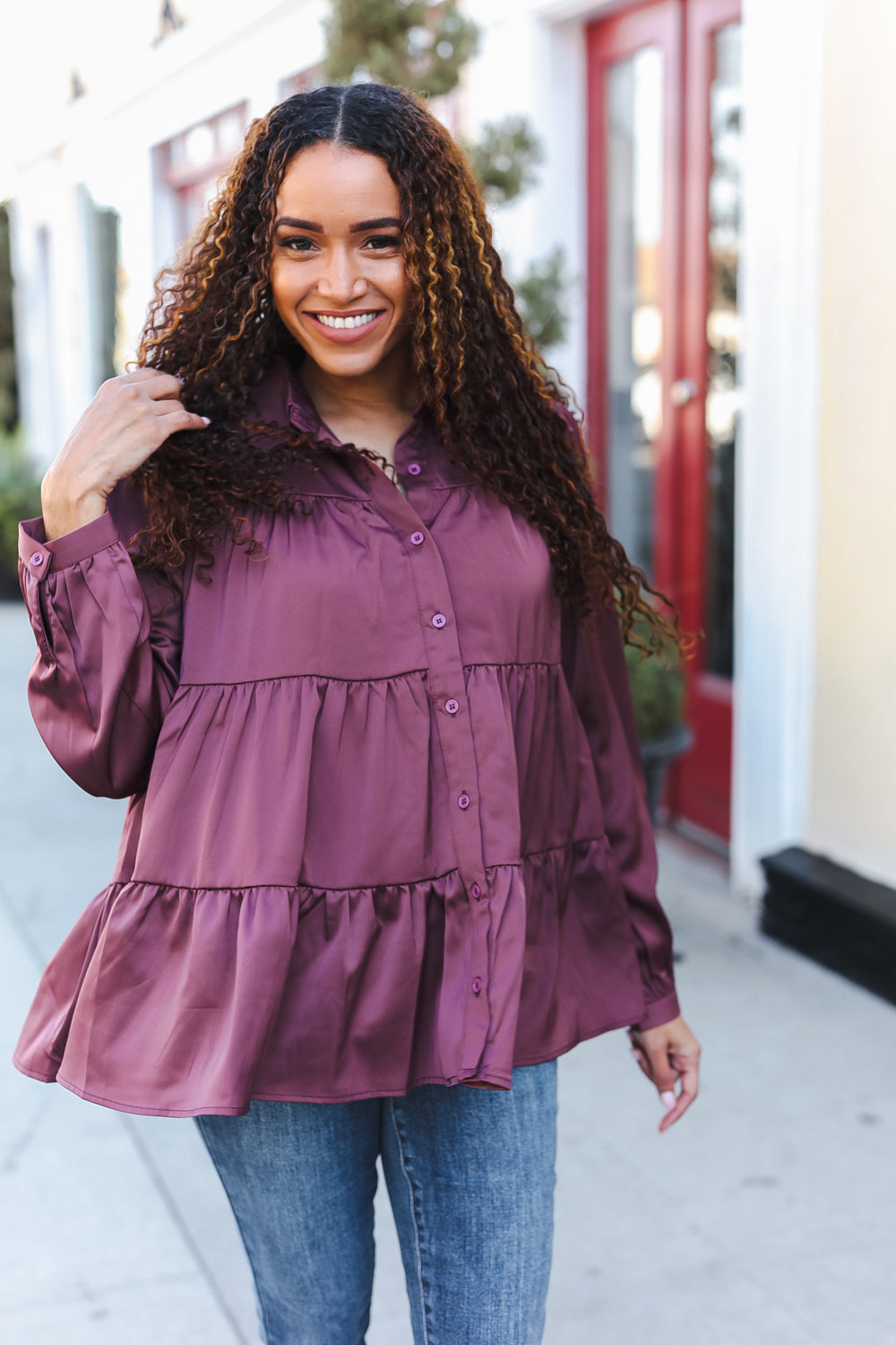 Perfectly You Burgundy Button Down Tiered Babydoll Satin Top