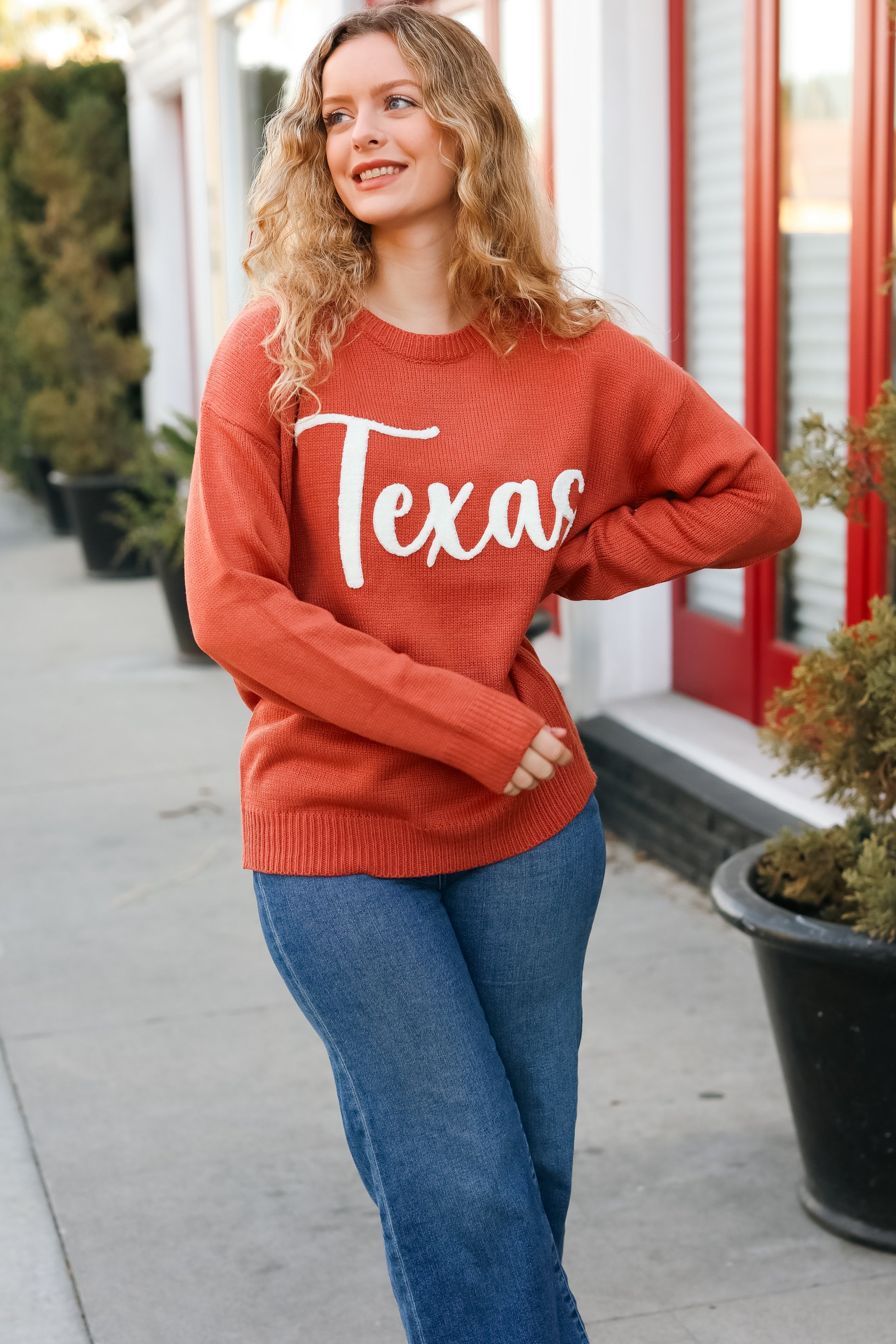 Game Day Burnt Orange "Texas" Embroidery Pop Up Sweater -SALE-