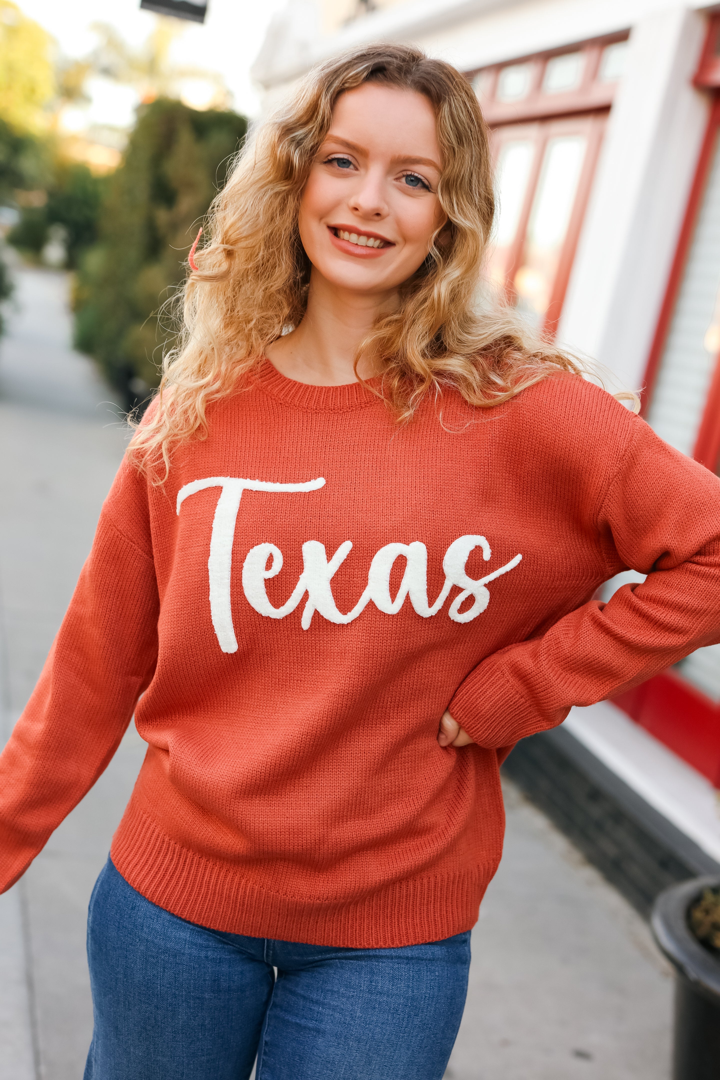 Game Day Burnt Orange "Texas" Embroidery Pop Up Sweater -SALE-