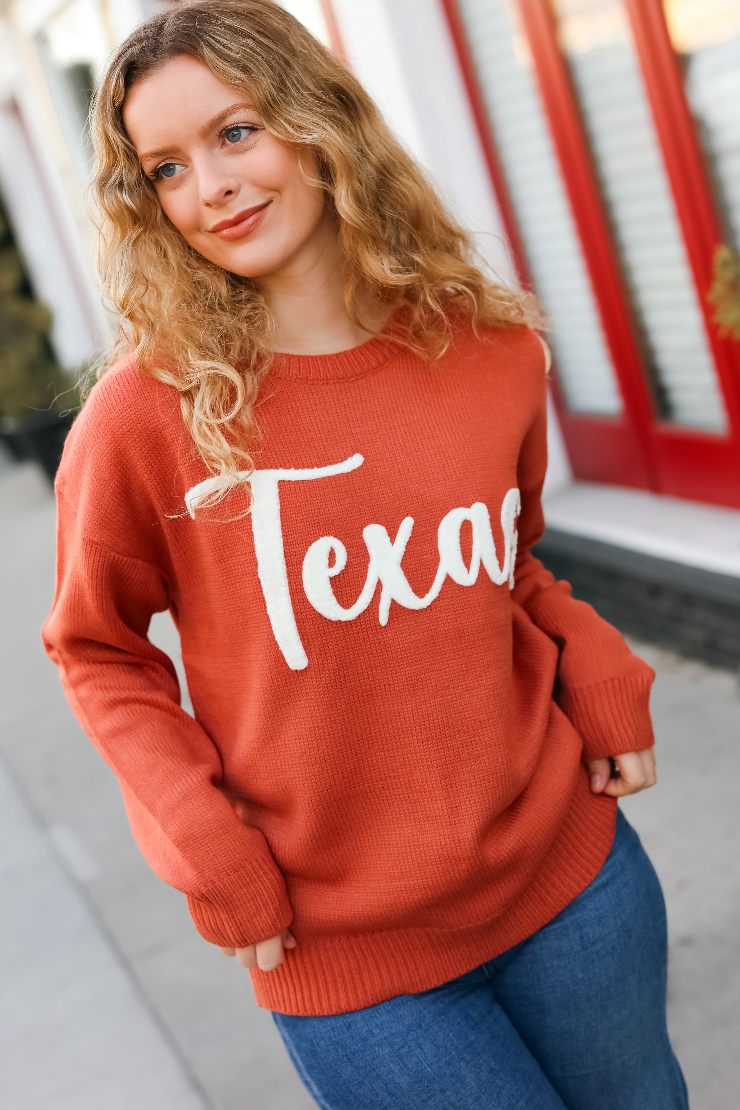 Game Day Burnt Orange "Texas" Embroidery Pop Up Sweater -SALE-