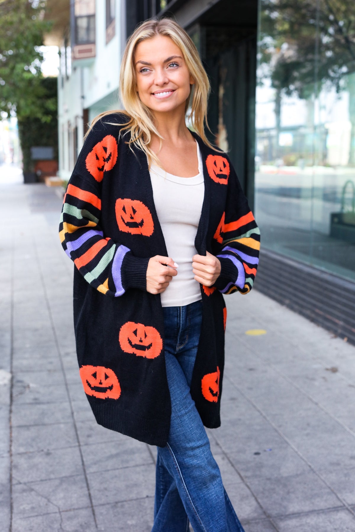 Pumpkin Multicolor Stripe Jacquard Knit Open Cardigan