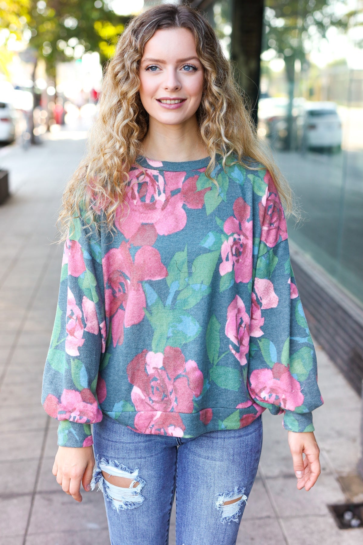 Everyday Hunter Green Floral Brushed Hacci Sweater Top