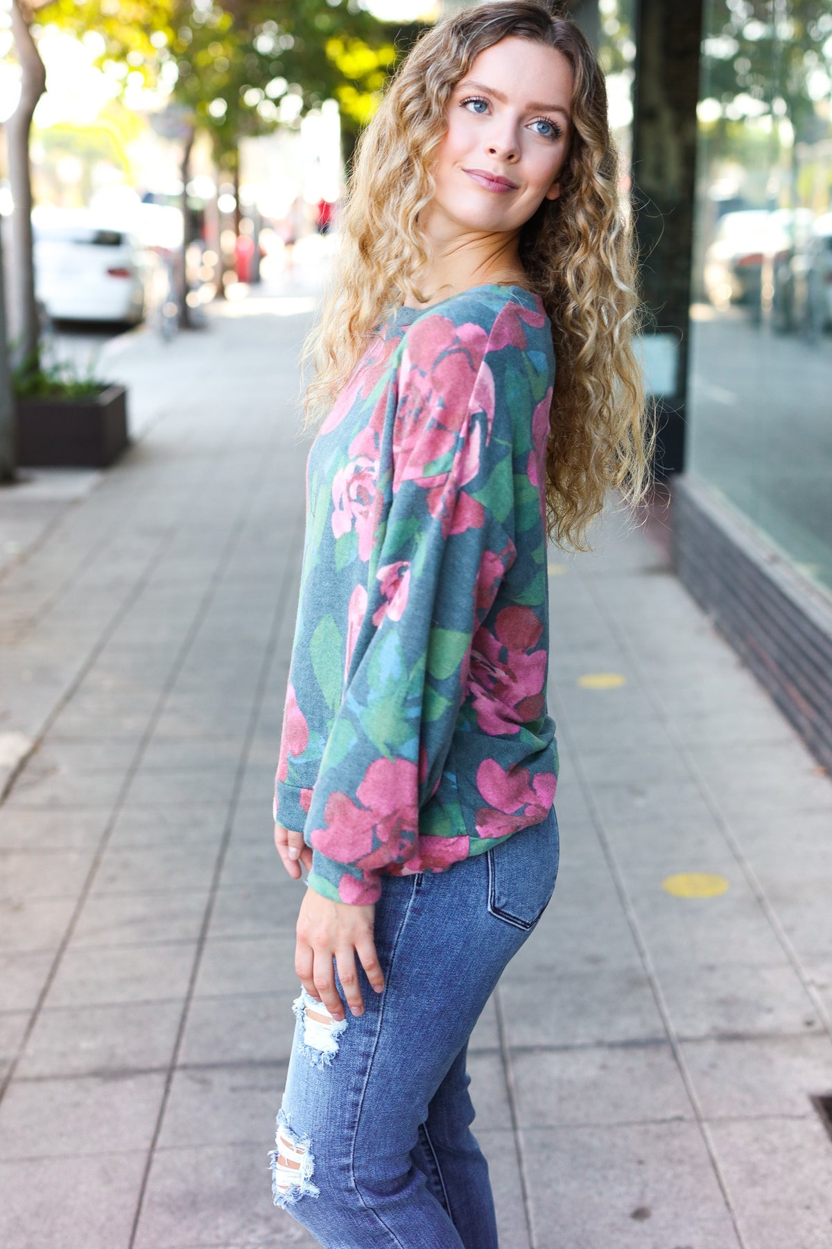 Everyday Hunter Green Floral Brushed Hacci Sweater Top