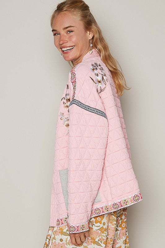 POL Quilted Embroidered Open Front Long Sleeve Jacket