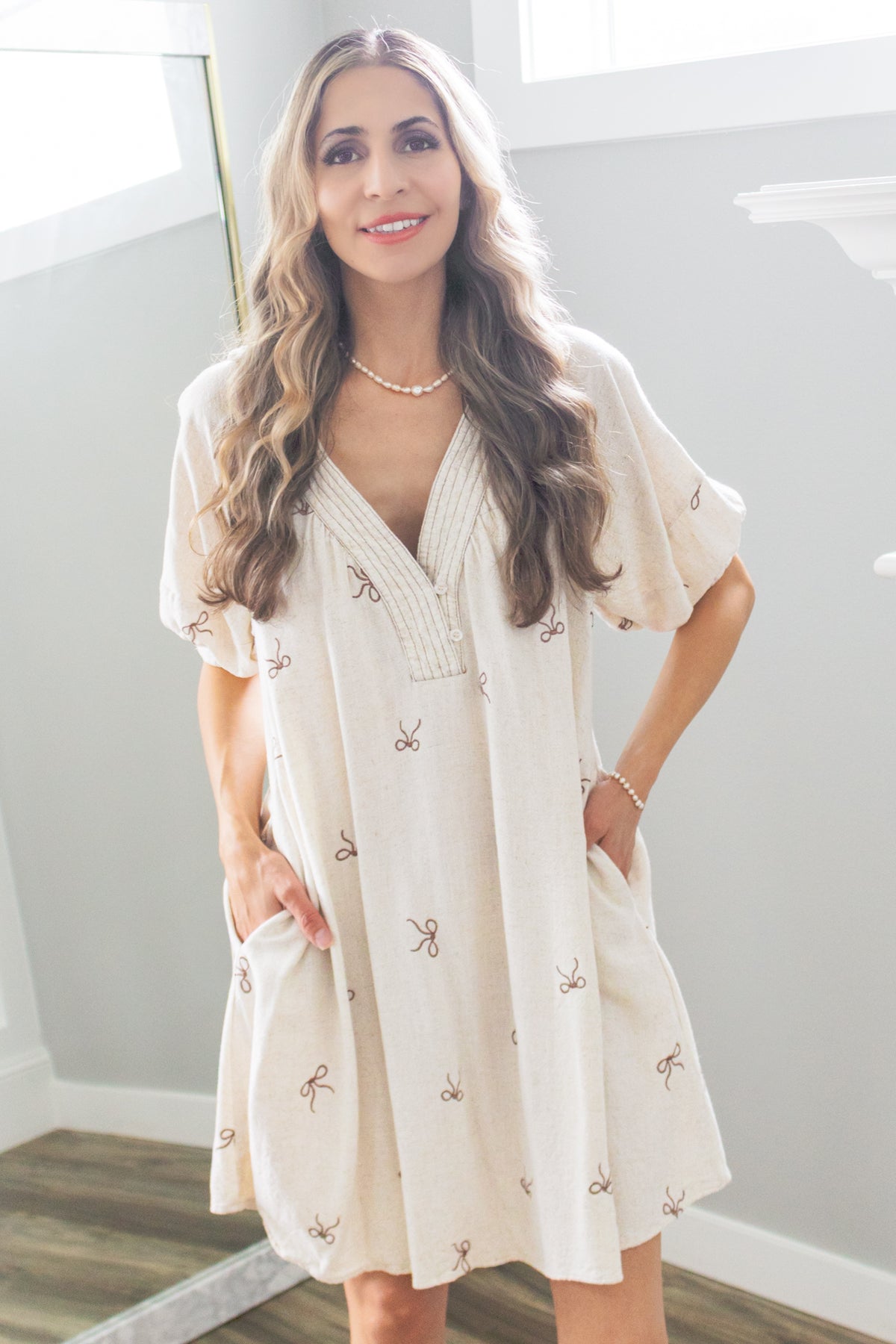 In Love with Life Bow Embroidery Linen Dress