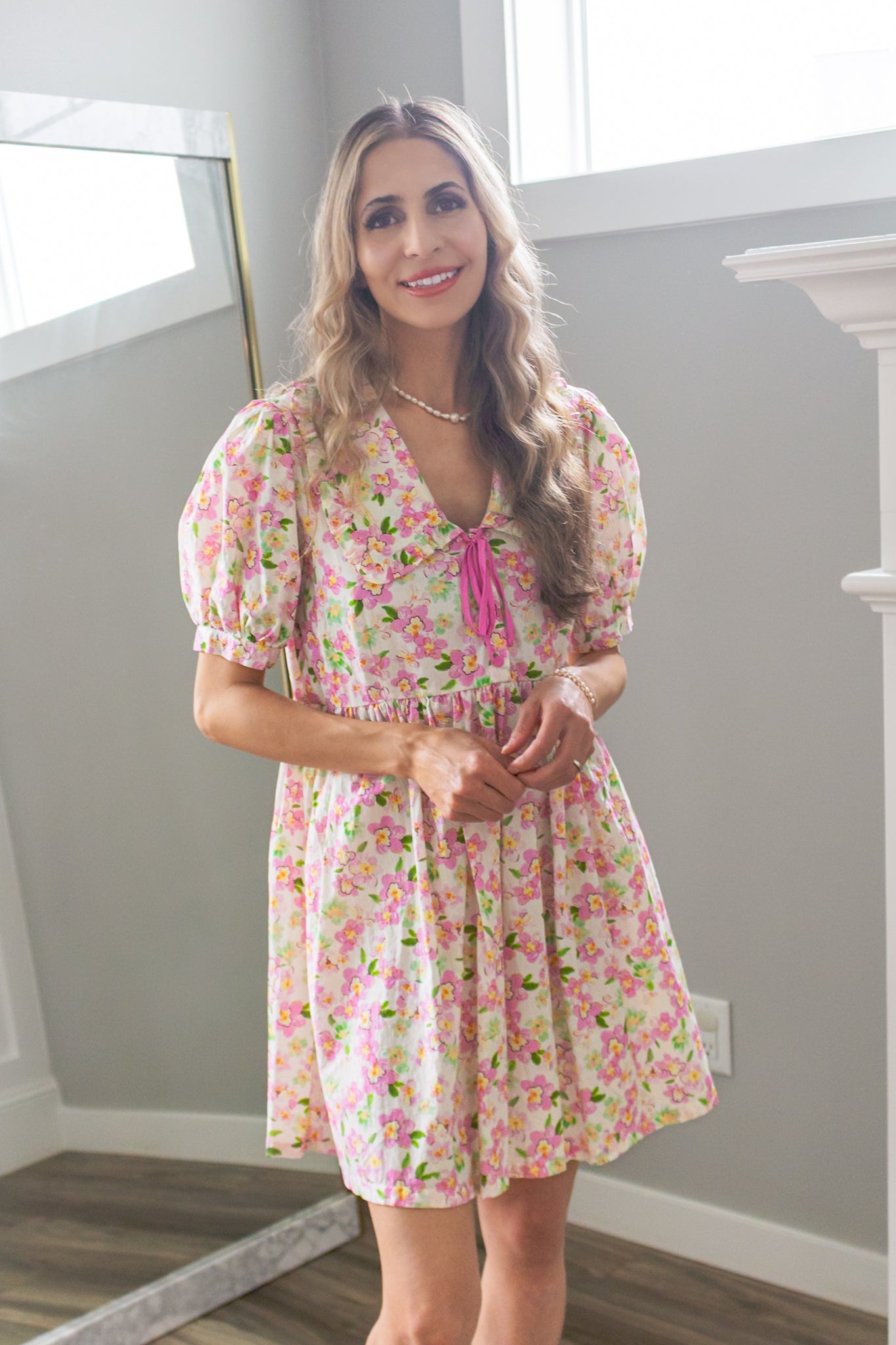 Cherry Blossom Peter Pan Collar Cotton Dress in Blush