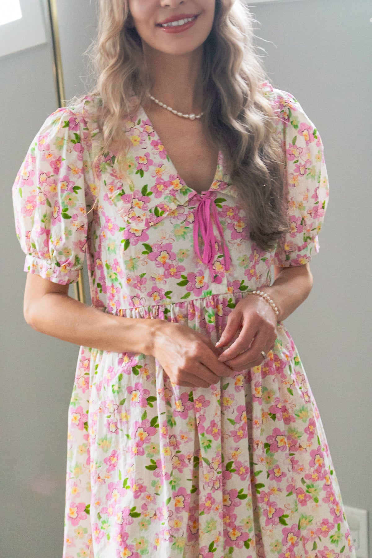 Cherry Blossom Peter Pan Collar Cotton Dress in Blush