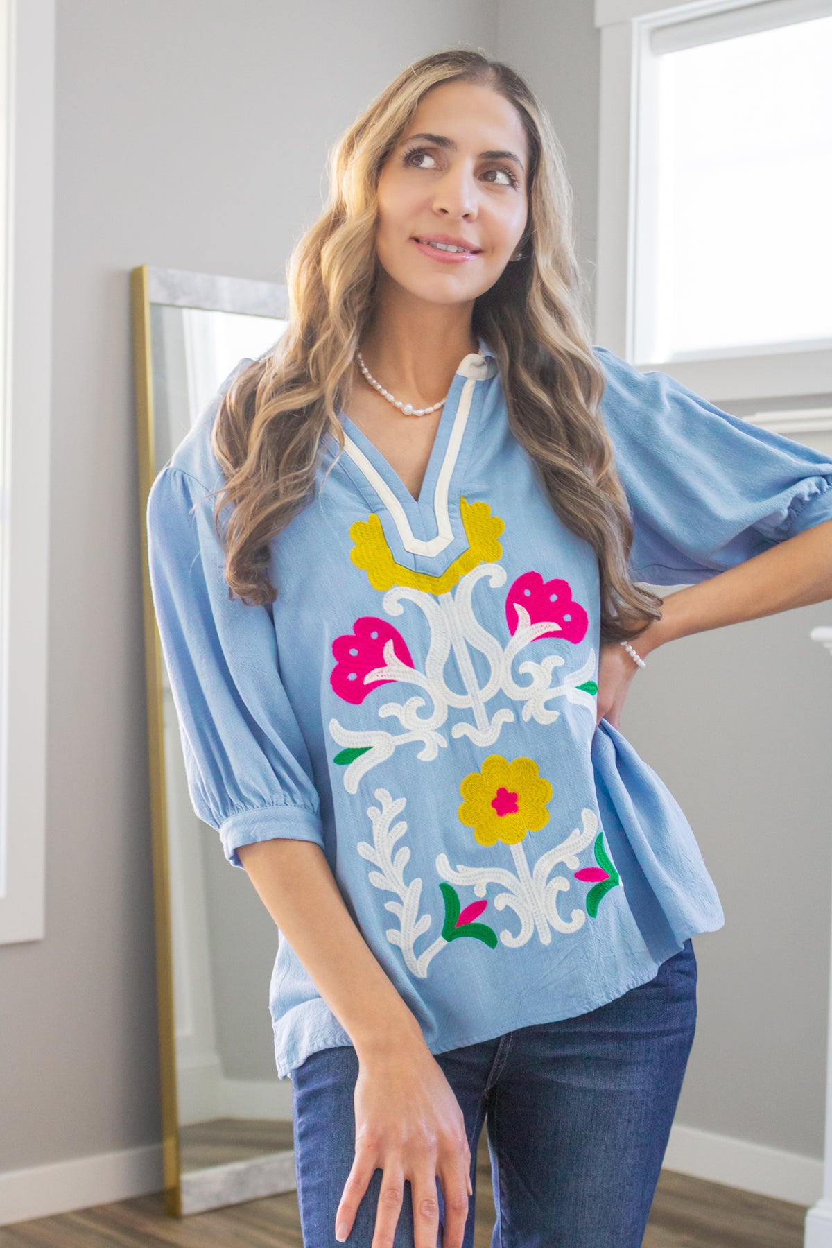 Watering The Garden Linen Blouse in Periwinkle