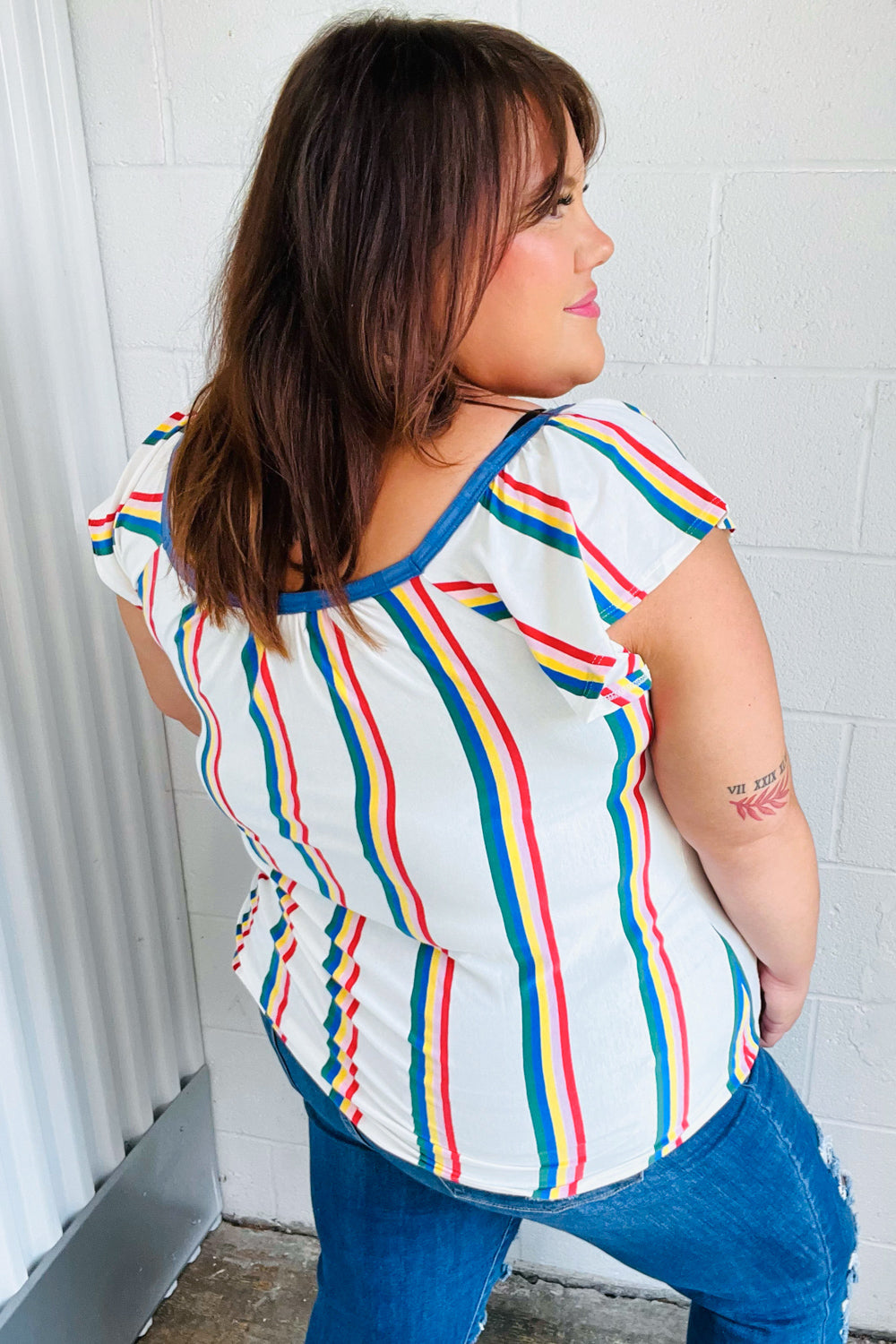 Multicolor Striped Raglan Flutter Sleeve Top -SALE-