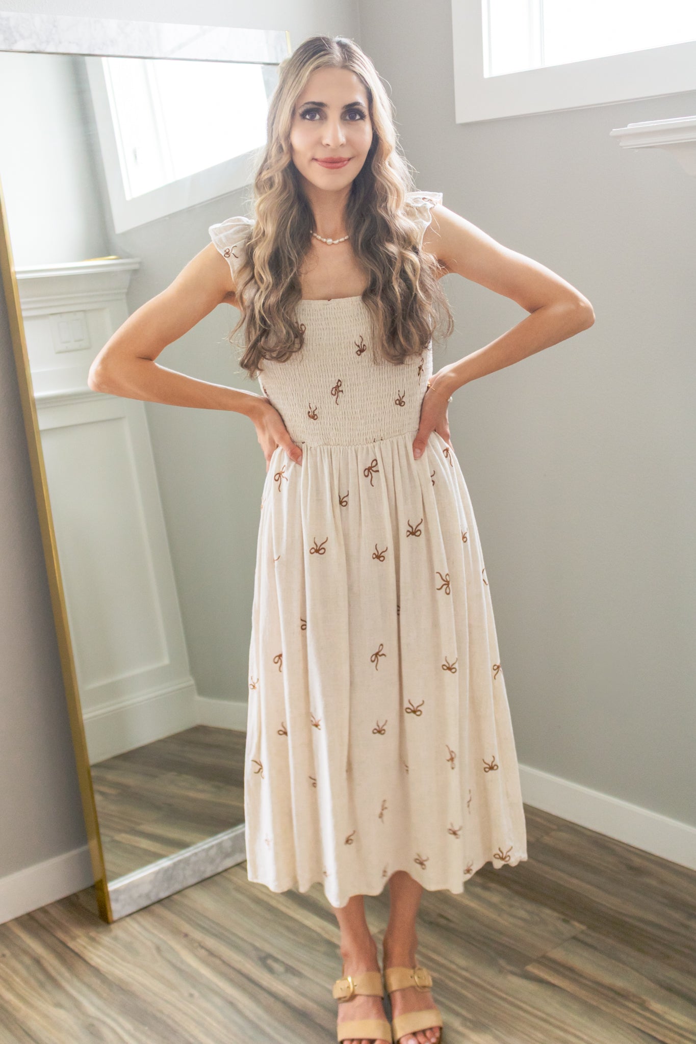 Secret Diary Linen Bow Midi Dress in Beige