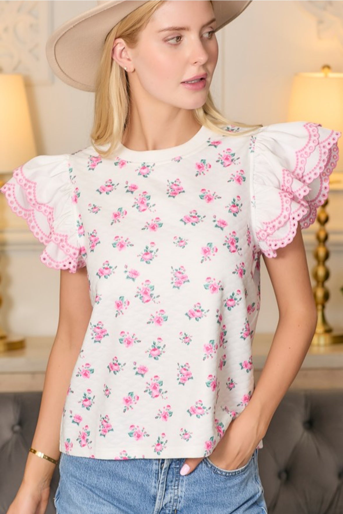 Eyelets & Roses Ruffle Sleeve Top -preorder