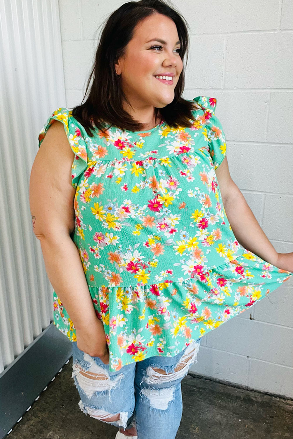 Mint Floral Yoke Flutter Sleeve Keyhole Back Top -SALE-