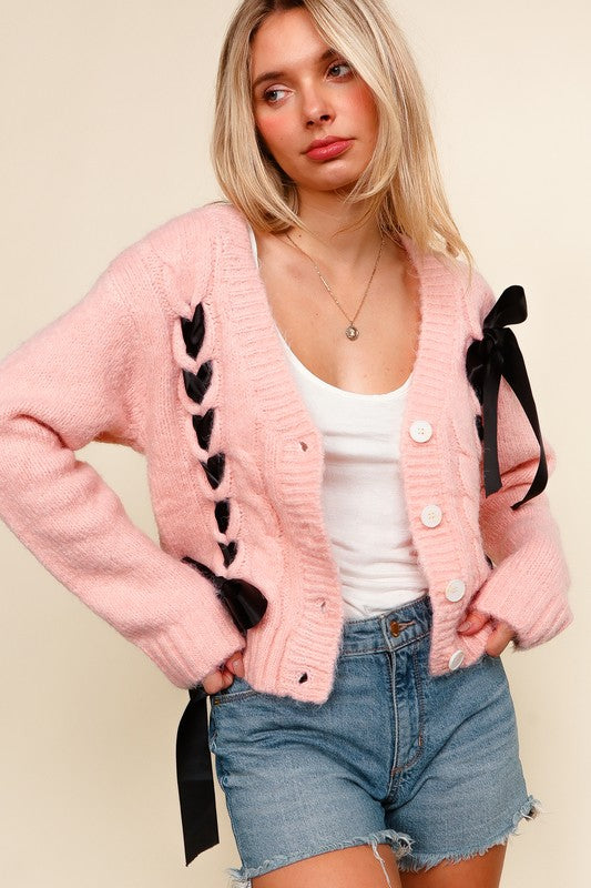 Find Love Pink Bow Detail Button Down Chunky Sweater Cardigan