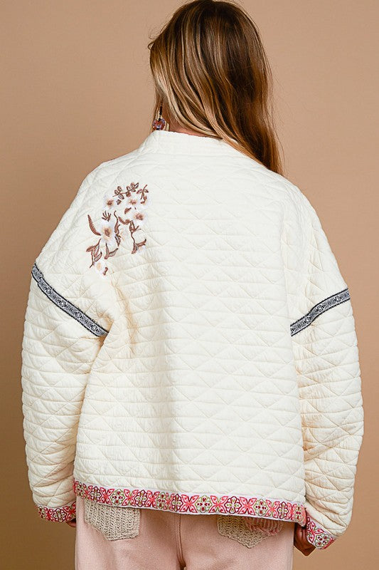 POL Embroidered Open Front Long Sleeve Quilted Jacket